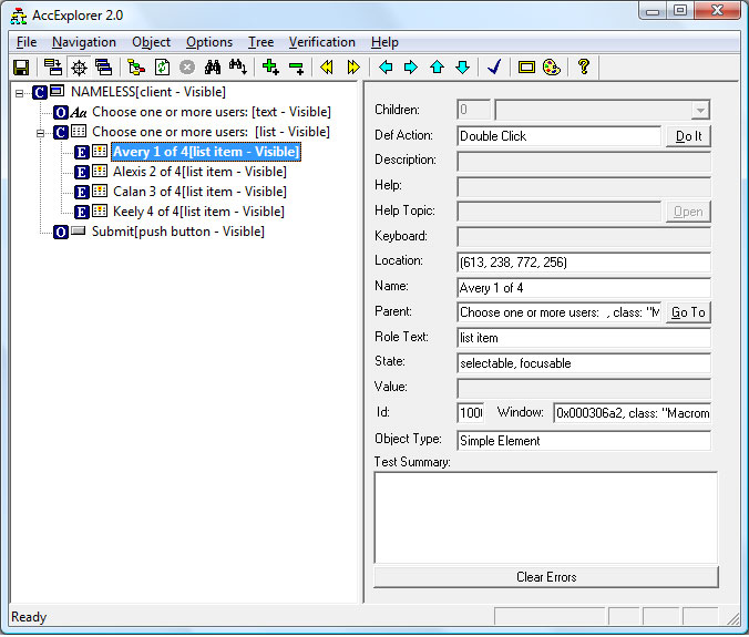 The MSAA object tree for a simple Flex form compiled with Generate accessible SWF file set to true