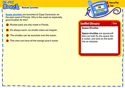 Figure 3—GeoNet game screen showing glossary term link and pop-up window